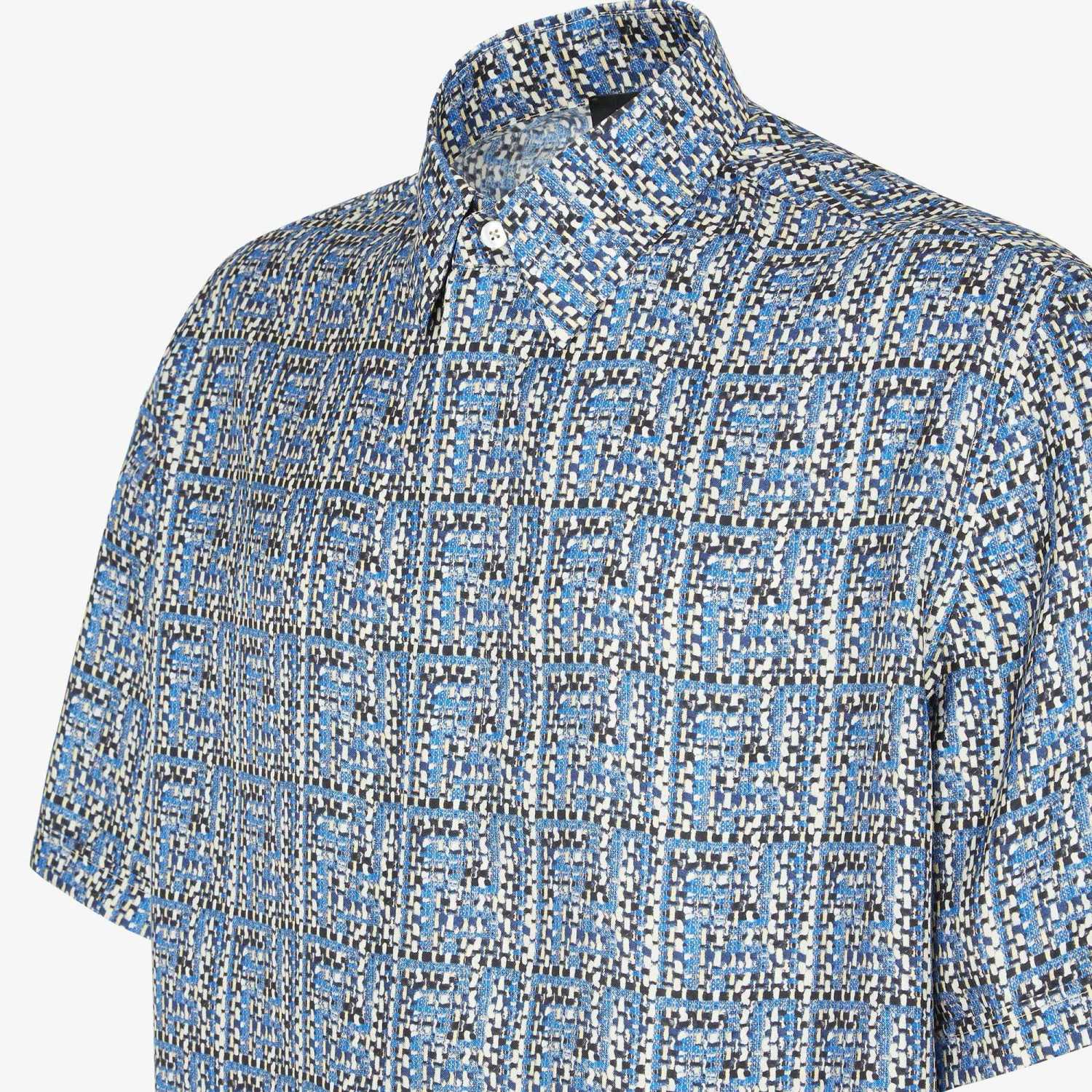 Fendi Men's Summer Blue Ff Full Print Single-Breasted Short-Sleeved Silk Shirt Casual Elastic Waist Fitted Shorts Ngvp #8663