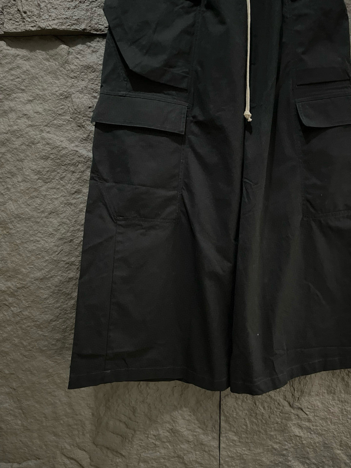 Rick Owens Men's Spring & Fall Black Multi-Pocket Drawstring Zipper Wide Leg Flared Pants #76955