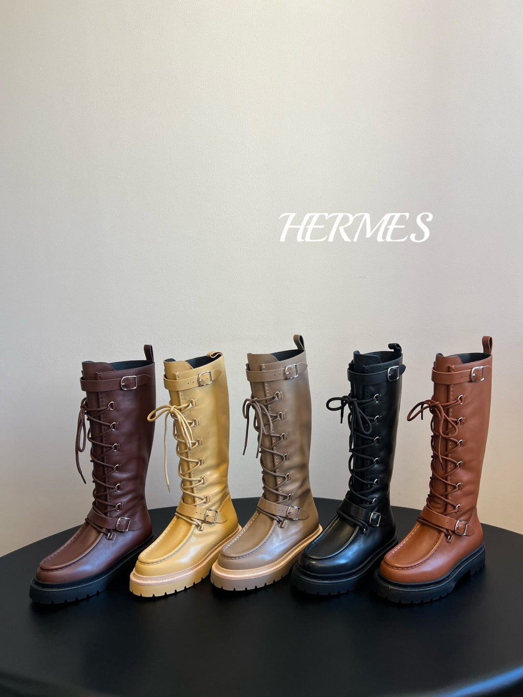 Hermes Women's Fall/Winter Landscape Boots Lace-Up Round-Toe High-Top Boots Solid-Color Cowhide Casual Shoes Heel Height: 3.5cm Ngvp #2326