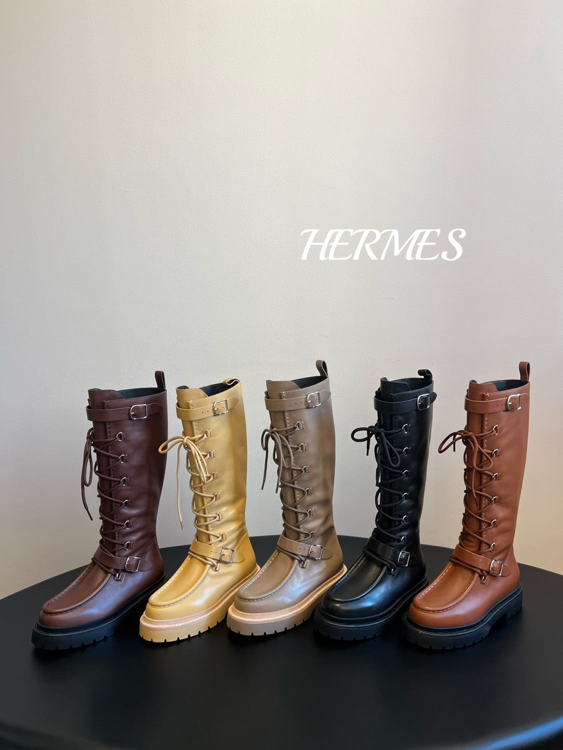 Hermes Women's Fall/Winter Landscape Boots Lace-Up Round-Toe High-Top Boots Solid-Color Cowhide Casual Shoes Heel Height: 3.5cm Ngvp #2326