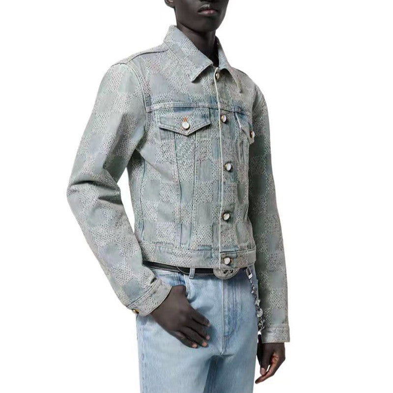 Louis Vuitton Men's Spring And Fall Jacquard Single-Breasted Lapel Long-Sleeved Faux Crystal Damier Denim Jacket Plaid Printed Straight Denim Pants Ngvp #9383