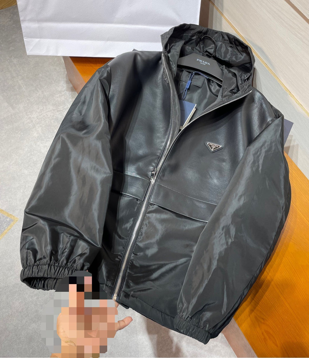 Prada Men's Spring and Fall Black Logo Patchwork High Collar Zipper Jacket #73282