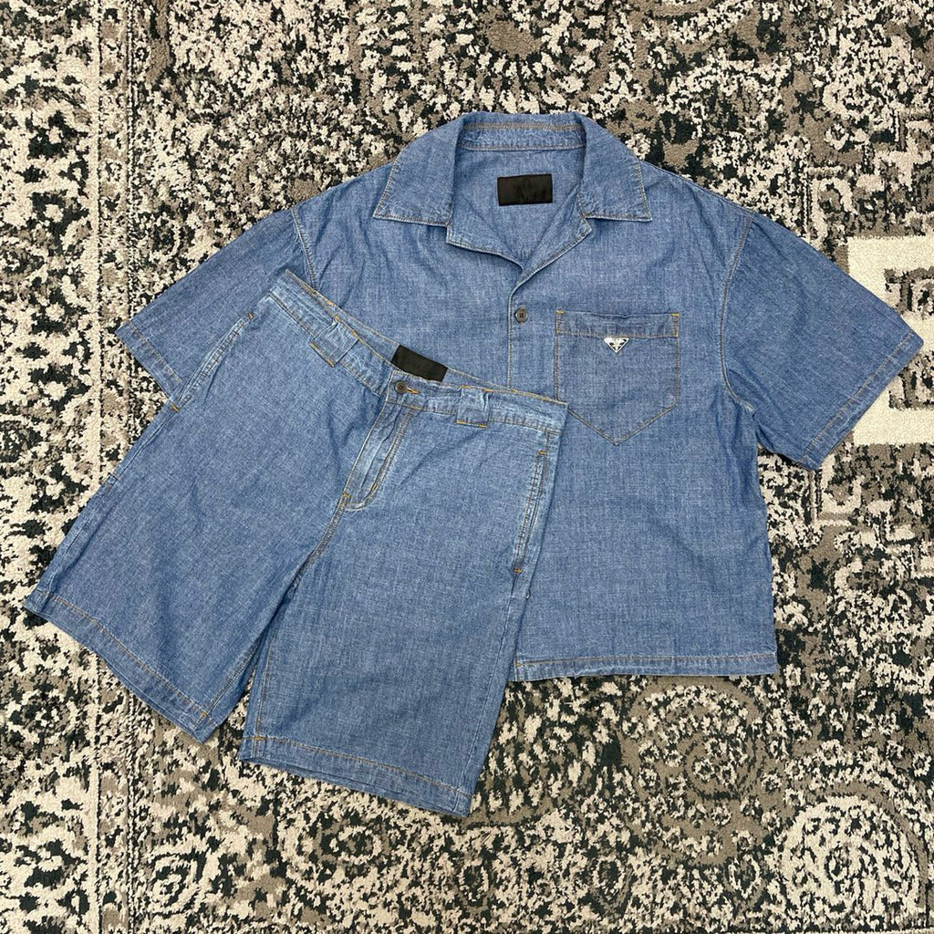 Prada Men's Summer Blue Lapel Single Breasted Short Sleeve Denim Shirt Jacket Shorts Set Suit #98554