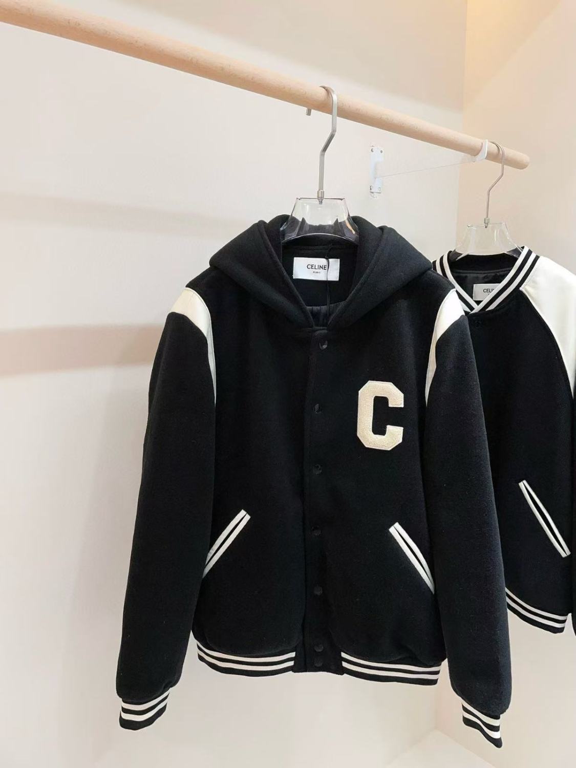 Celine Men's Spring And Autumn Colour Blocking Casual Single-breasted Jacket Logo Wool Blend Hooded Baseball Coat Jacket #71844