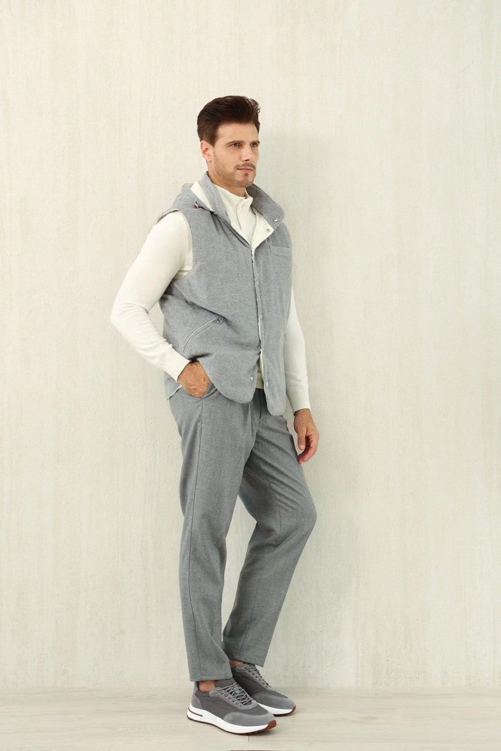 Brunello Cucinelli Men's Spring/Autumn Detachable Hooded Solid Color Single-Breasted Bonded Wool Flannel Down Vest Ngvp #2293