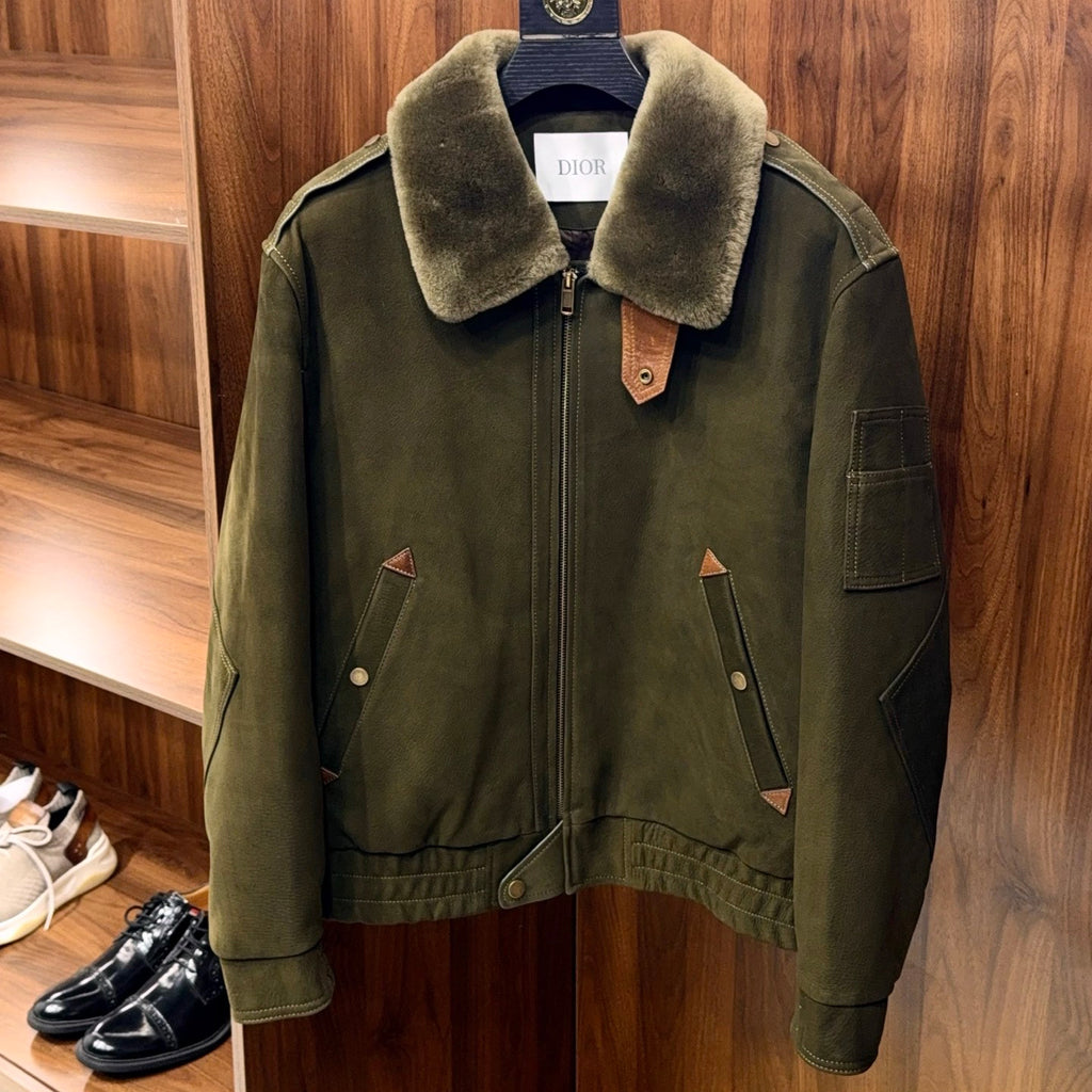 Dior Men's Winter Fashion Classic Lapel Zipper Shearling Jacket with White Duck Down Lining Long Sleeve Coat Jacket #78825