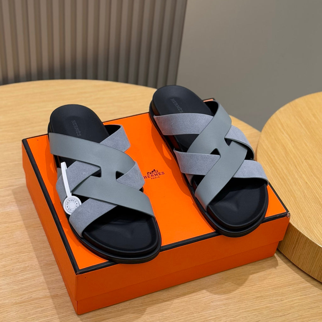 Hermes Men's Summer Solid Color Leather Suede Patchwork Sandals Slippers Shoes #76385