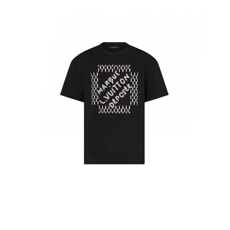 Louis Vuitton Men's Women's Spring And Summer Pearl Decoration Embroidery Black Casual Temperament Round Neck Short Sleeve Body Shirt #98525