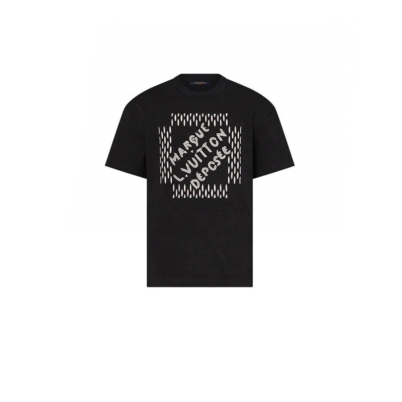 Louis Vuitton Men's Women's Spring And Summer Pearl Decoration Embroidery Black Casual Temperament Round Neck Short Sleeve Body Shirt #98525