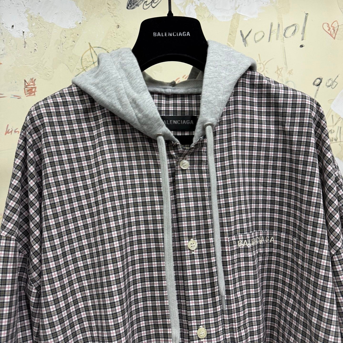 Balenciaga Men's Spring/Autumn Checkered Print Cotton Hooded Single-Breasted Zipper Long-Sleeved Shirt #77746