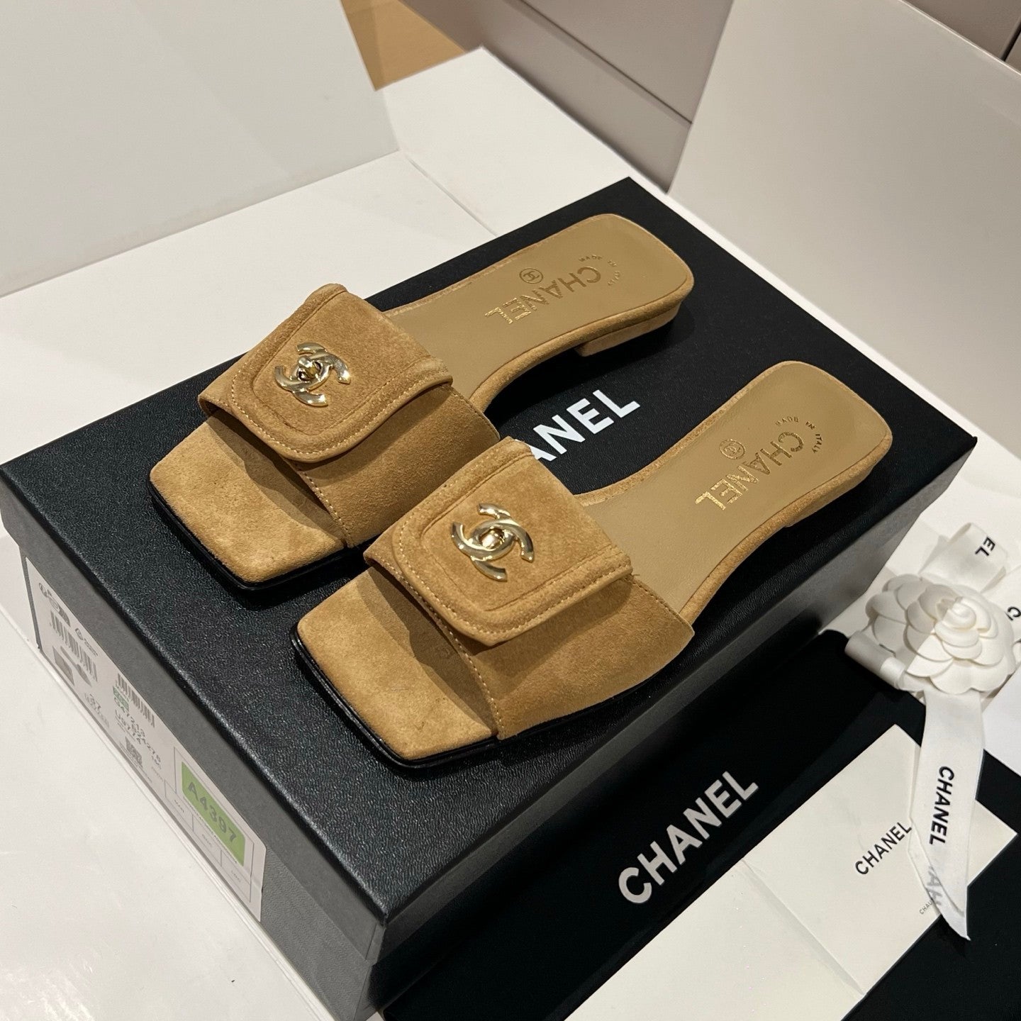 Chanel Gold Lock Square Toe Slippers #379298