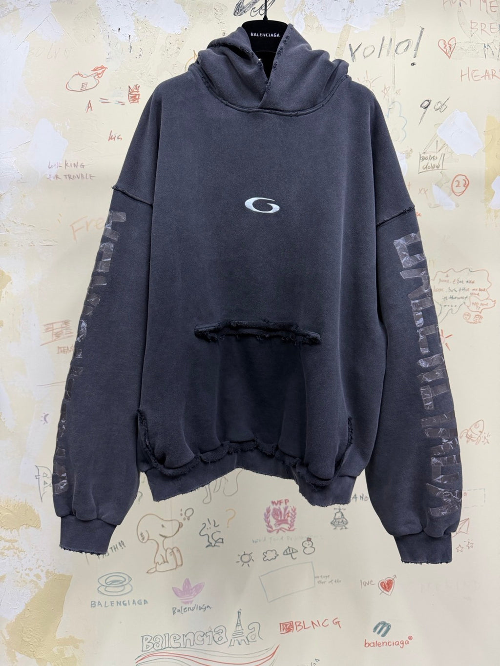 Balenciaga Top-quality version Men's Transparent Tape Ripped Pocket Hoodie in Faded Black White #376442