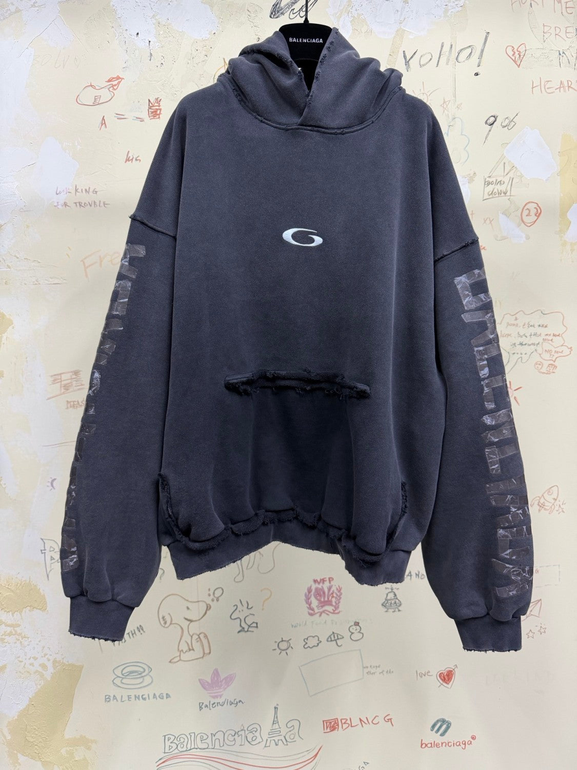 Balenciaga Top-quality version Men's Transparent Tape Ripped Pocket Hoodie in Faded Black White #376442