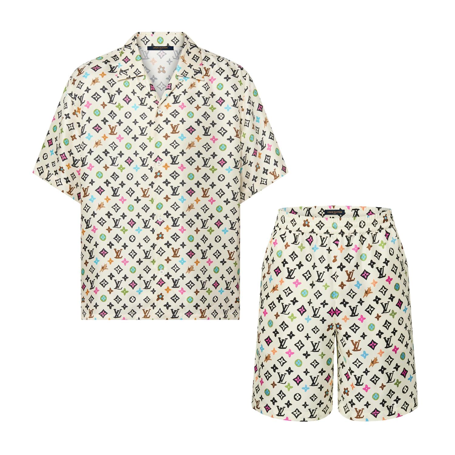 Louis Vuitton Men's Summer Logo Full Print Single Breasted Short Sleeve Shirt Elasticated Waist Shorts Suit Set #75224