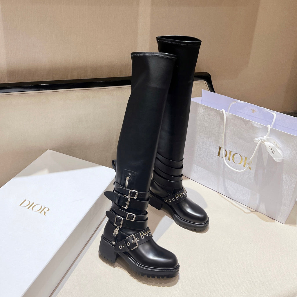 Dior D-Fight Women's Fall/Winter Classic Fashion Round-Toe Zipper Chunky Heel Leather Over-the Knee Boots Shoes #78766
