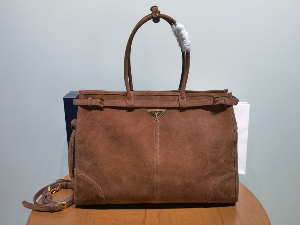 Prada Bonnie Soft Lux Women's Solid Colour Classic Fashion Large Suede Leather Handbag With Metal Triangle Logo Zipper Closure Tote Bag Bags 1BA439 #78152