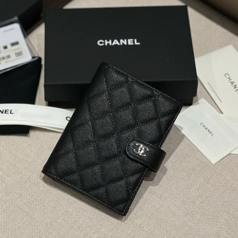 CHANEL Caviar Quilted Passport Holder Black Women's Black Checkered Square Wallet with Gold and Silver Buckles #82319A