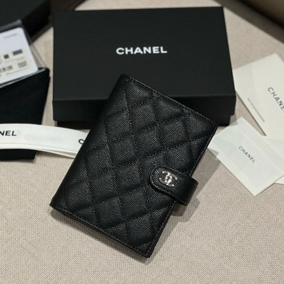 CHANEL Caviar Quilted Passport Holder Black Women's Black Checkered Square Wallet with Gold and Silver Buckles #82319A