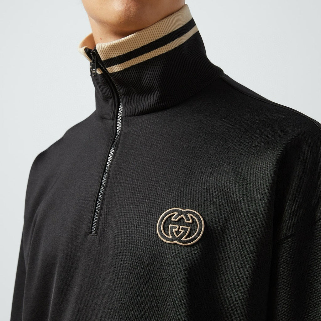 Gucci Men's Spring and Autumn Black Logo Embroidery Zipper Standing Collar Long Sleeve Jacket Elastic Knit Sweatpants Pants Suit Set #98786