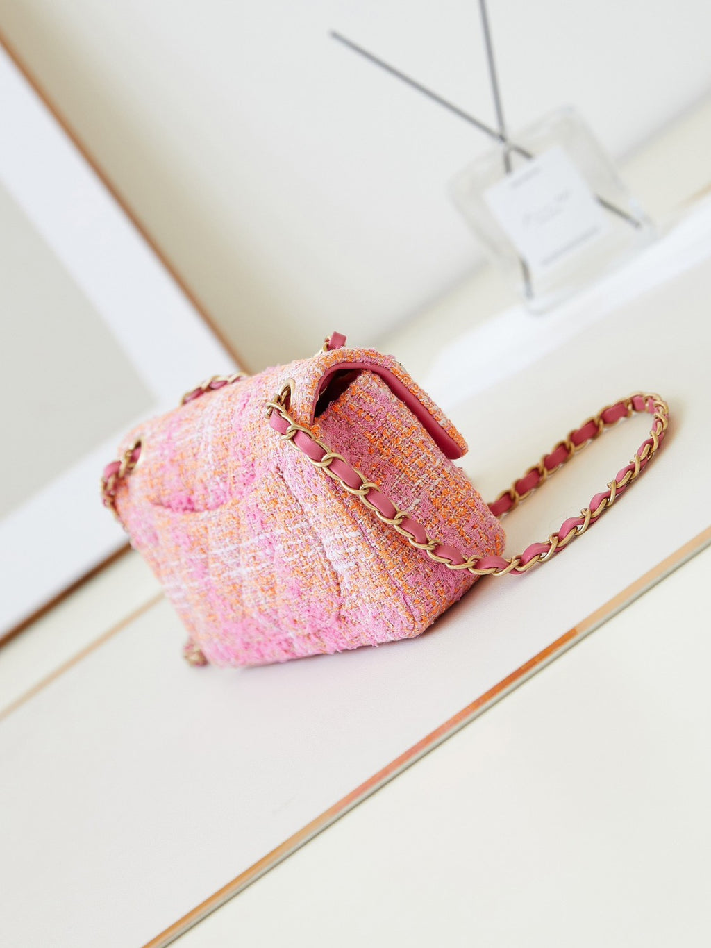Chanel Women's Pink Chain Tartan Fabric Badge Print Single Shoulder Crossbody Bag Bags #77412