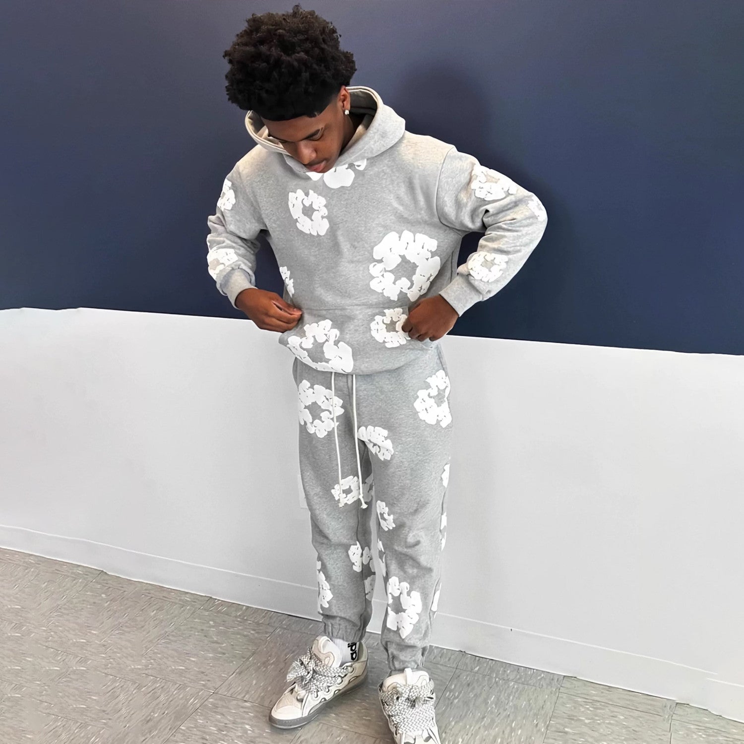 Denim Tears Men's And Women's Spring And Autumn Fashion Trends High Street Kapok Flower Casual Cotton Ribbed Loose Pants Ngvp #8877
