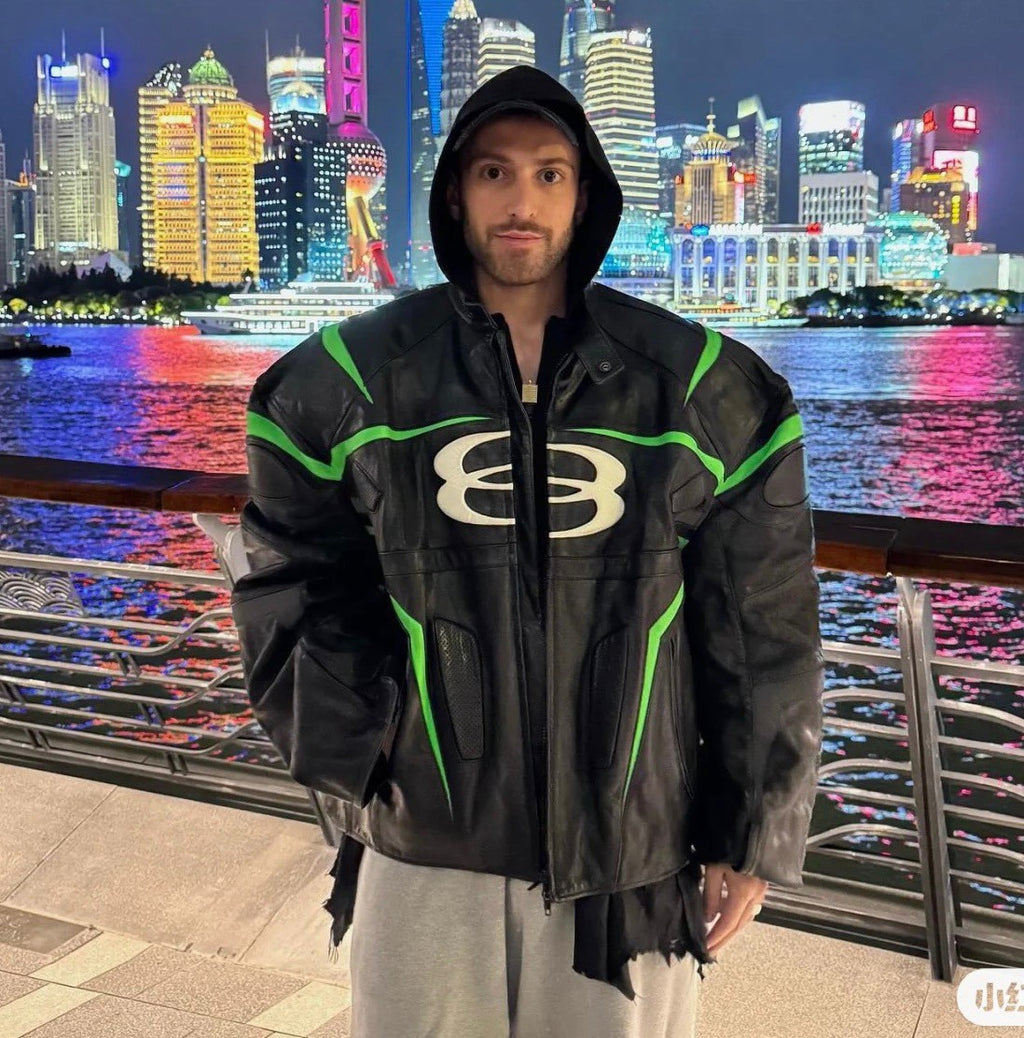 Balenciaga Men's Women's Autumn And Winter Cowhide Splicing Zipper Letters Embroidery Long Beard Loose Unity Sports Idol Black Racer Jacket Ngvp #8577