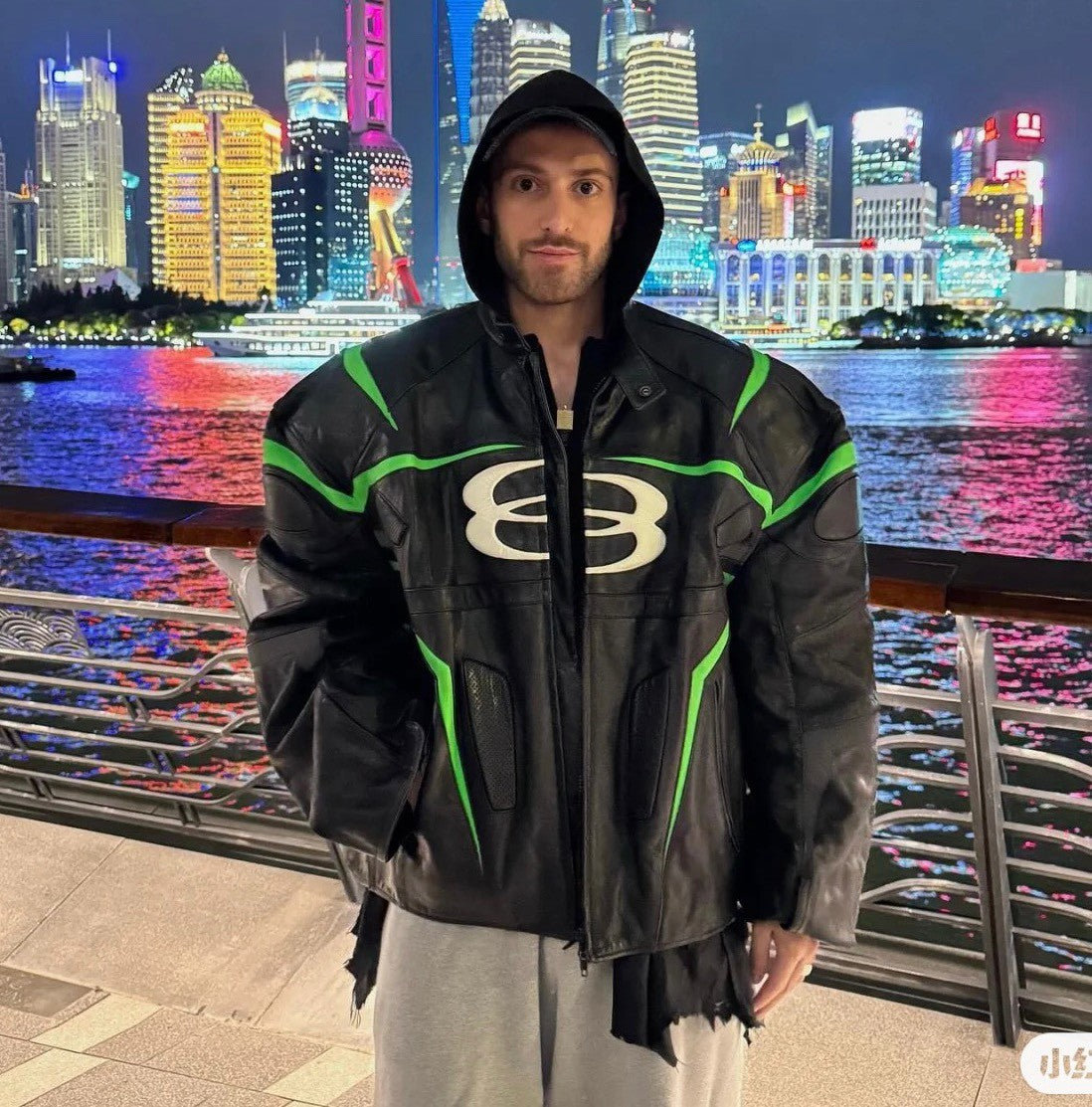 Balenciaga Men's Women's Autumn And Winter Cowhide Splicing Zipper Letters Embroidery Long Beard Loose Unity Sports Idol Black Racer Jacket Ngvp #8577