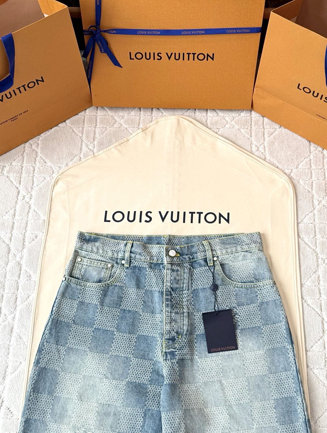 Louis Vuitton Men's Summer Solid Colour Checkerboard 3D Print Casual Denim Shorts #76864
