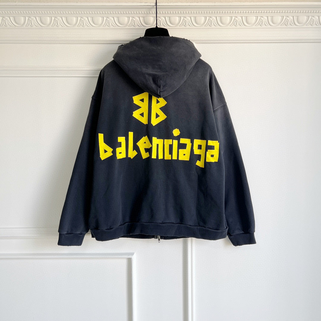 Balenciaga Men's Tape Type Ripped Pocket Oversized Fit Zip Hooded Sweatshirt Pullover #96961