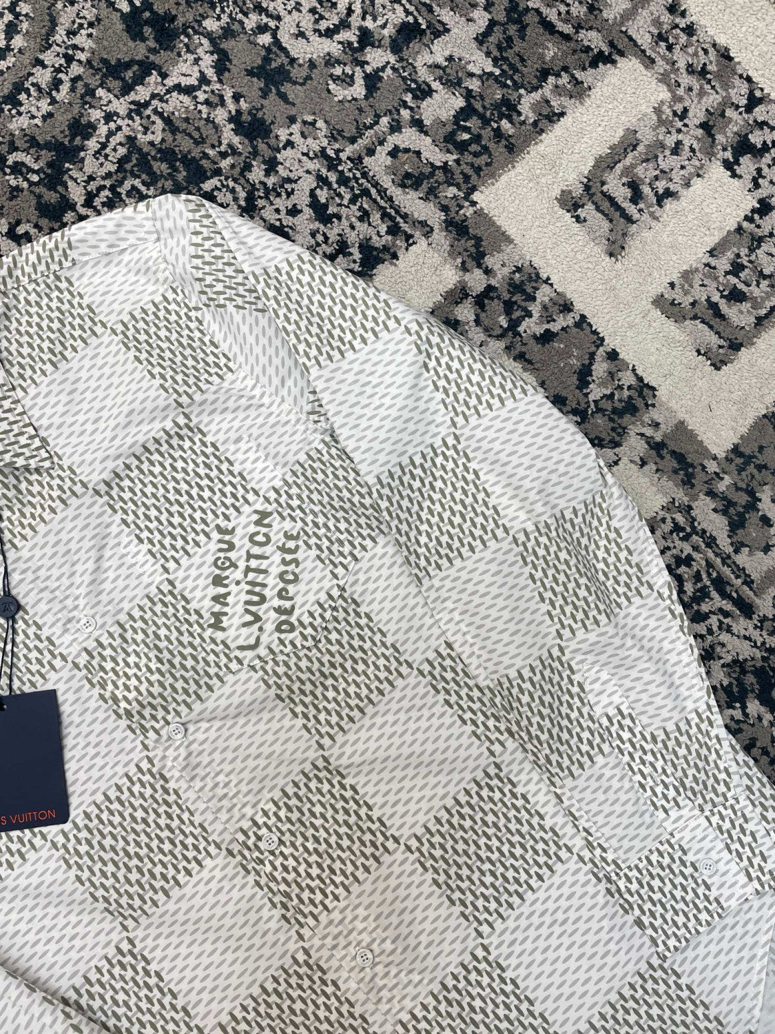 Louis Vuitton Men's Summer White Letter Check Printed Lapel Single Breasted Long Sleeve Shirt #99211
