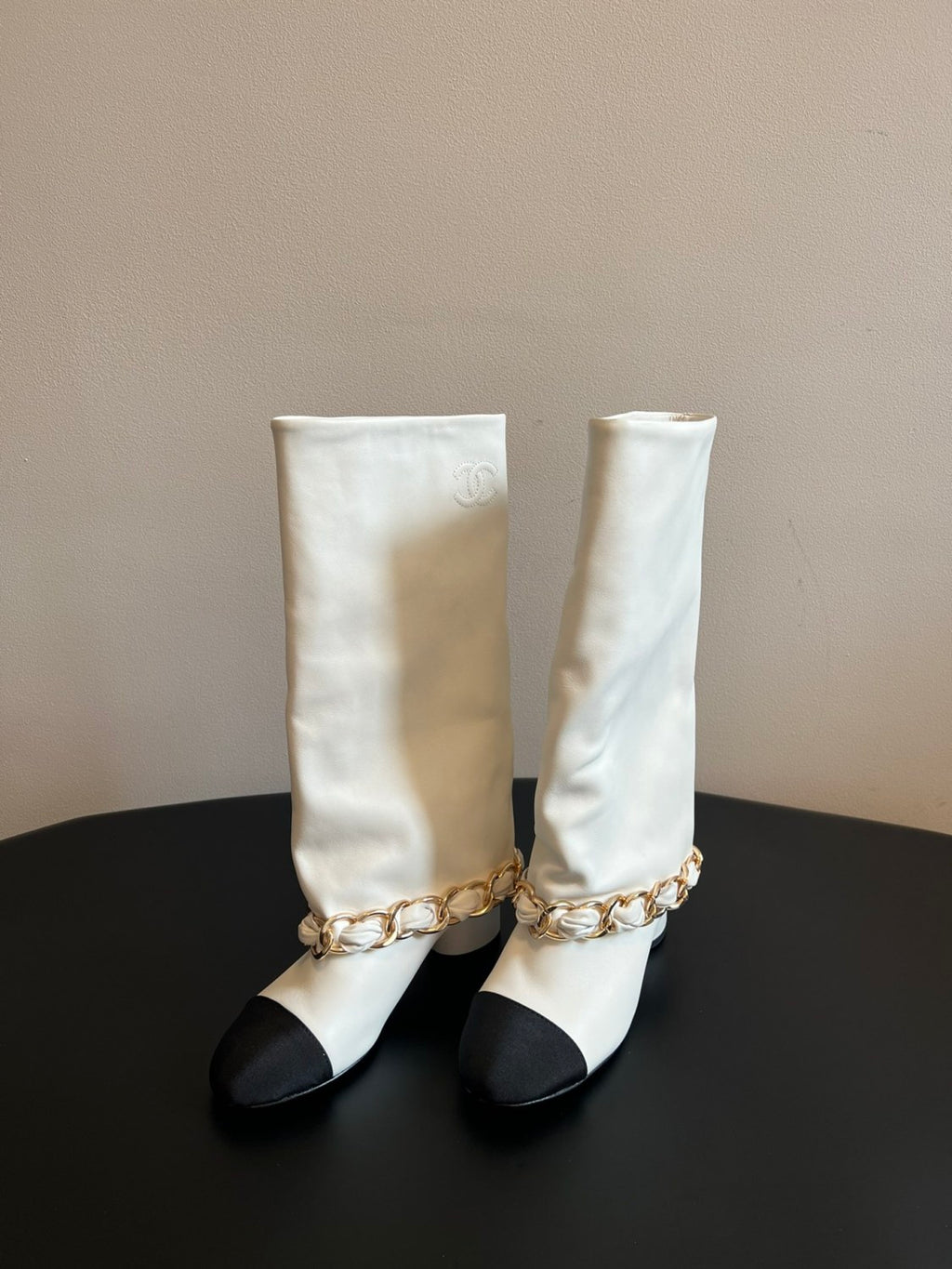 Chanel Women's Solid Color Round Toe Leather High Top Riding Boots Shoes #77819