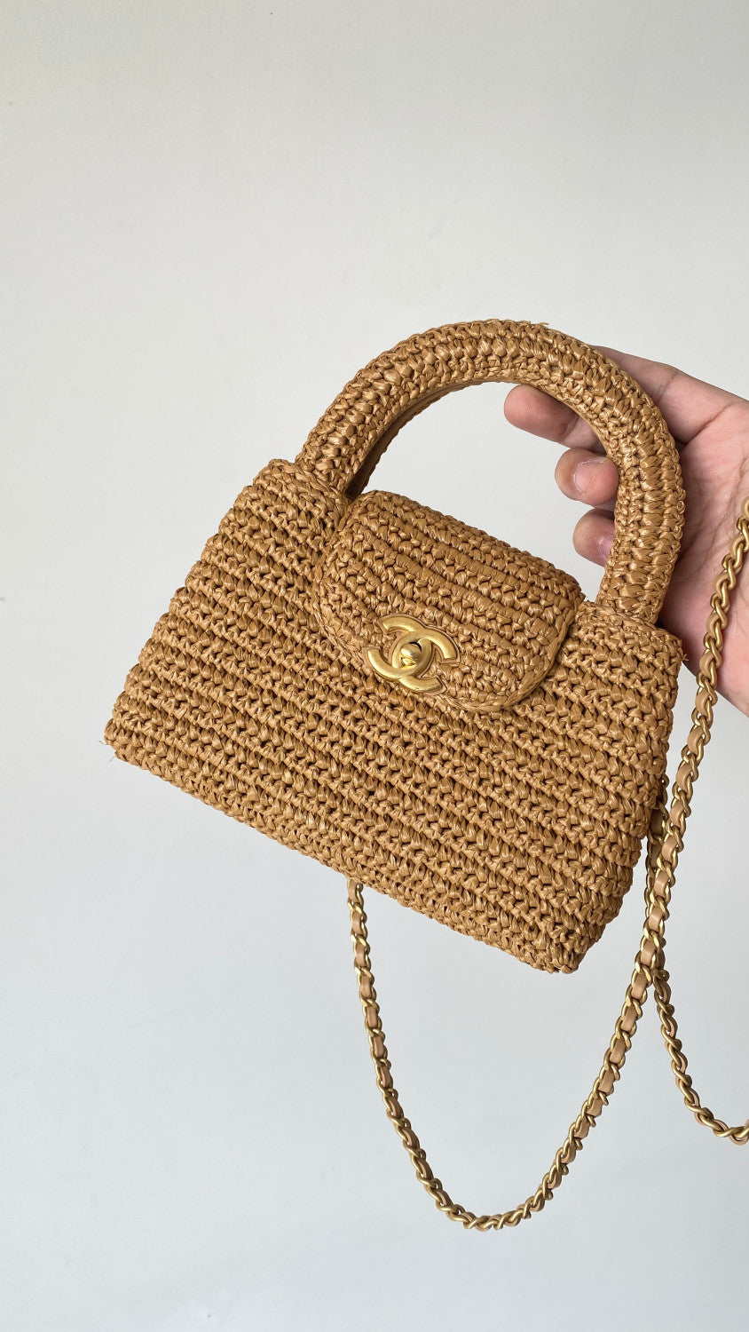 Chanel Mini Shopping Bag Braided Raffia Gold Tone Metal Dark Beige Stylish Knitted Clutch Bag Exquisite Handbag  #82382A