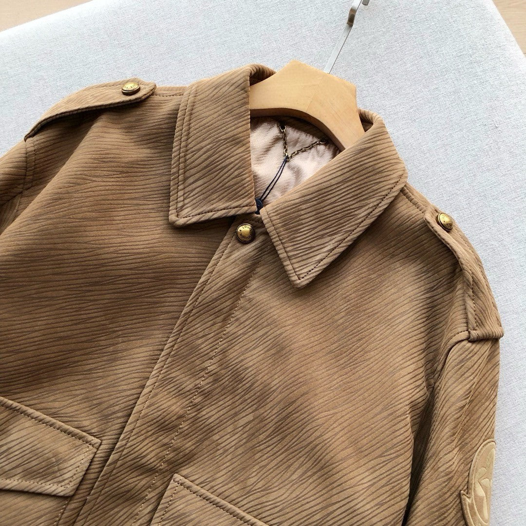 Louis Vuitton Men's Autumn and Winter Solid Color Lapel Twill Fabric Calfskin Long Sleeve Aviator Jacket #74574