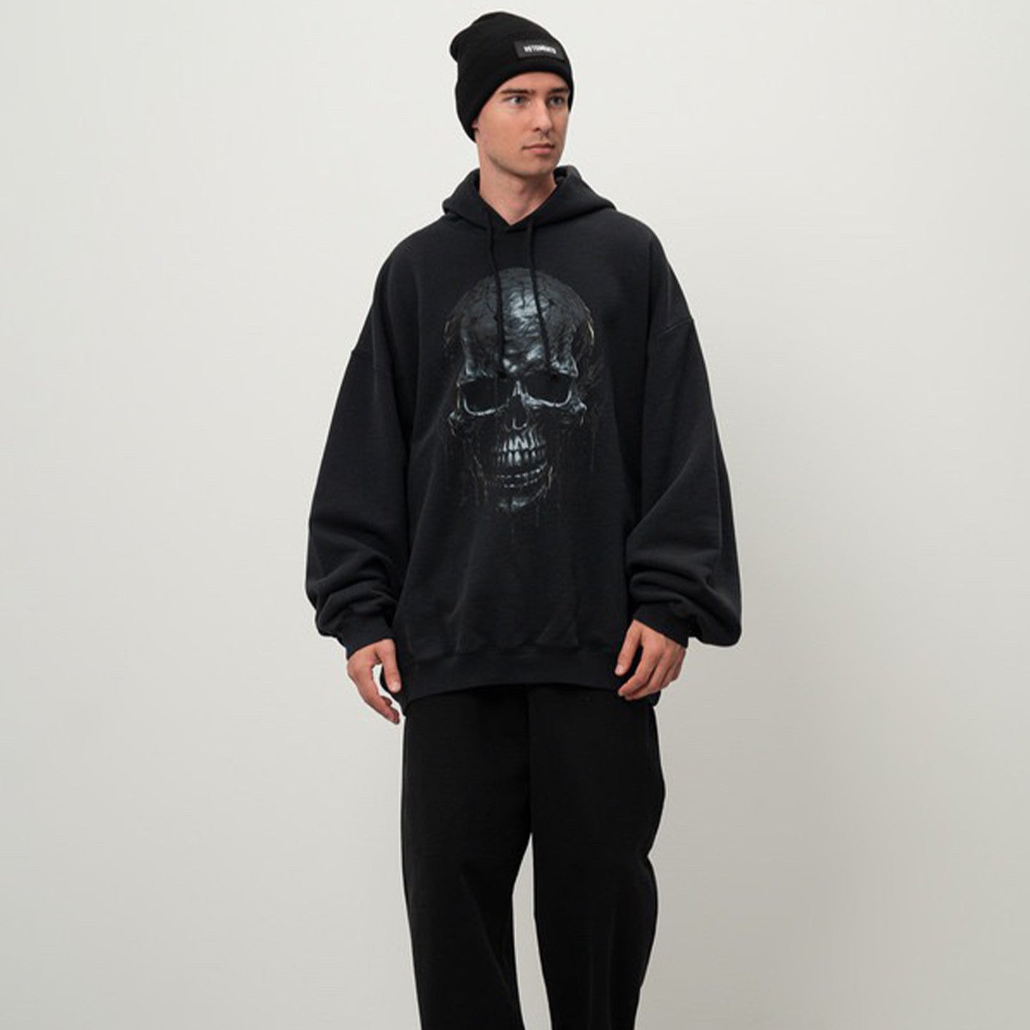 Vetements Men's High Street Skull Print Punk Hip Hop Black Sweatshirt Spring Autumn Fashion Casual Hooded Drawstring Sweatshirt Top Ngvp #9862