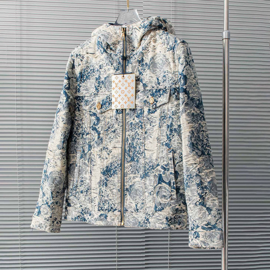 Louis Vuitton Men's Winter Floral Jacquard Washed And Fringed Denim Jacket Down Jacket Warm Fit Coat Ngvp #7626