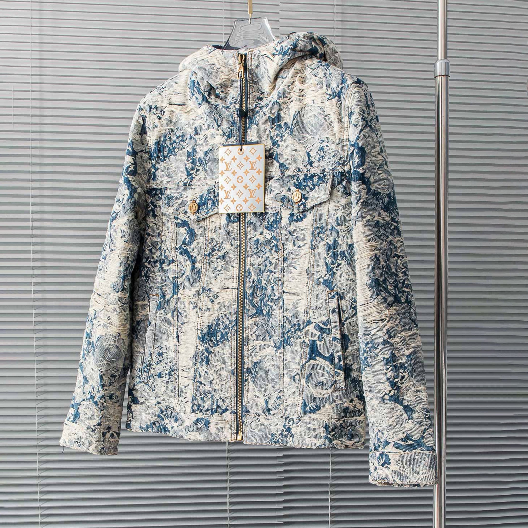 Louis Vuitton Men's Winter Floral Jacquard Washed And Fringed Denim Jacket Down Jacket Warm Fit Coat Ngvp #7626