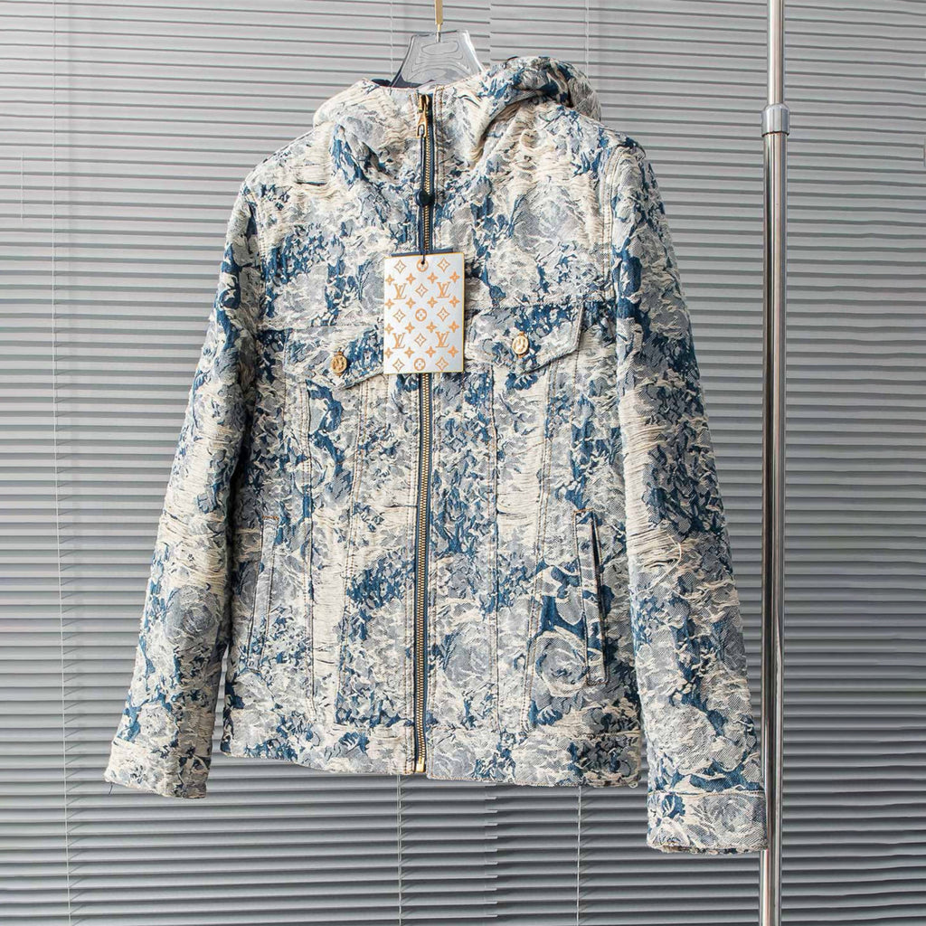 Louis Vuitton Men's Winter Floral Jacquard Washed And Fringed Denim Jacket Down Jacket Warm Fit Coat Ngvp #7626