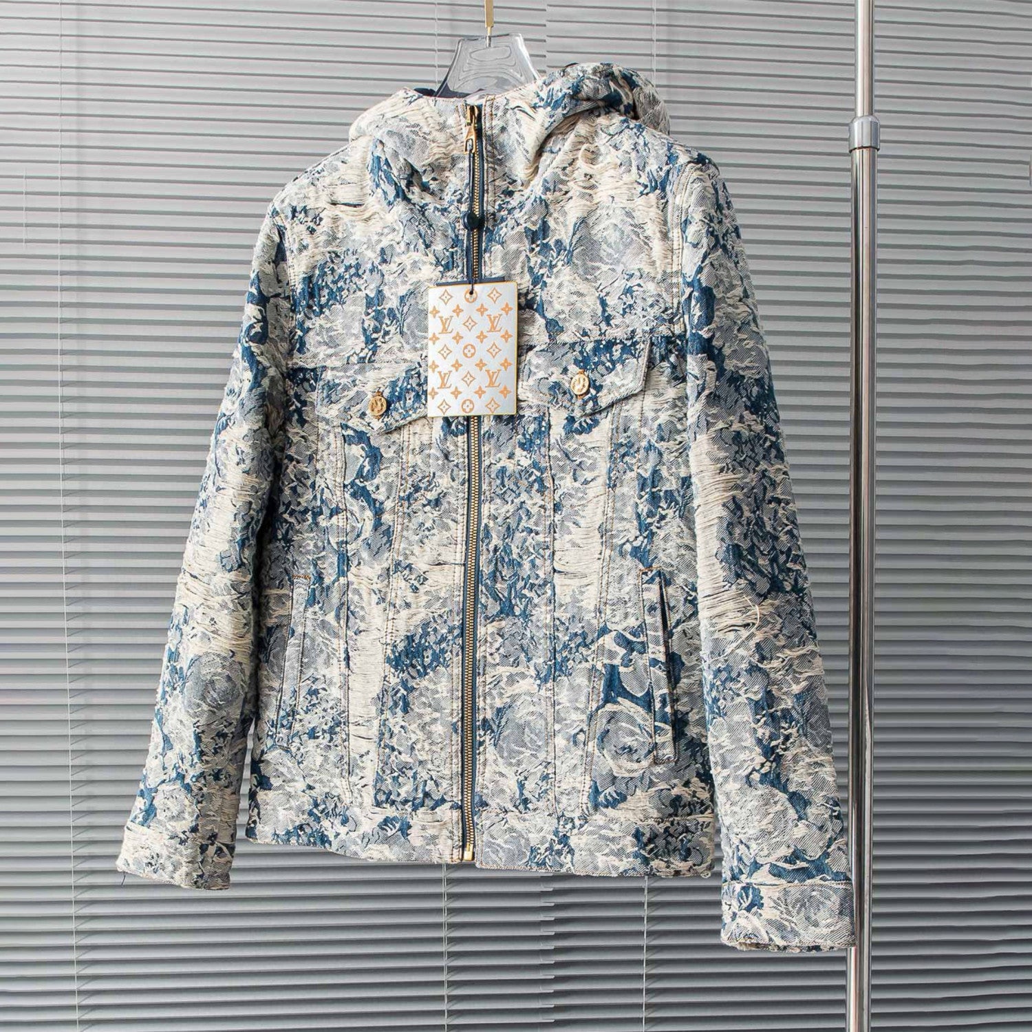 Louis Vuitton Men's Winter Floral Jacquard Washed And Fringed Denim Jacket Down Jacket Warm Fit Coat Ngvp #7626