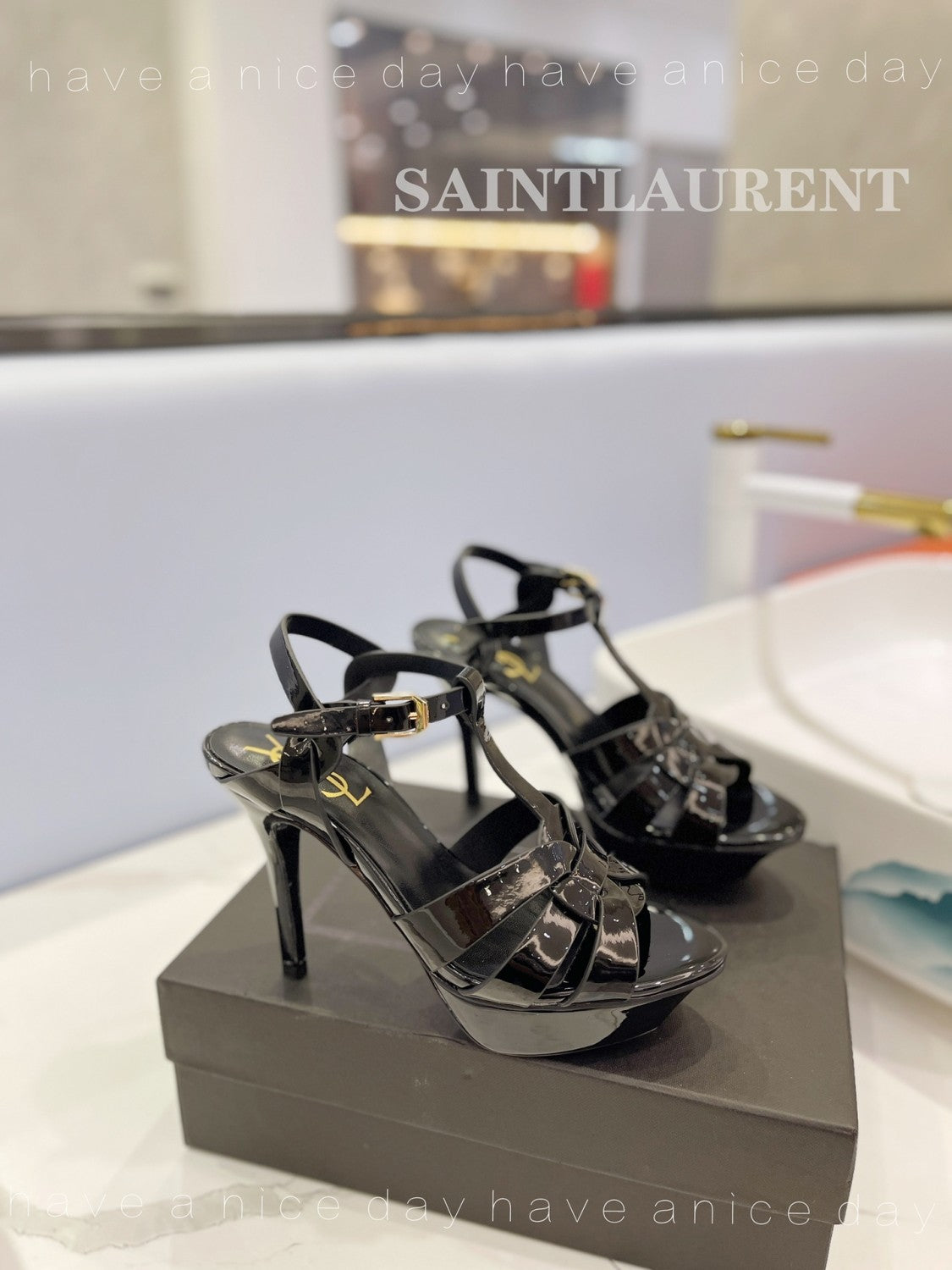 SAINT LAURENT TRIBUTE Women's Summer Solid Color Glossy Leather Strappy High Heel Sandals Shoes #77495