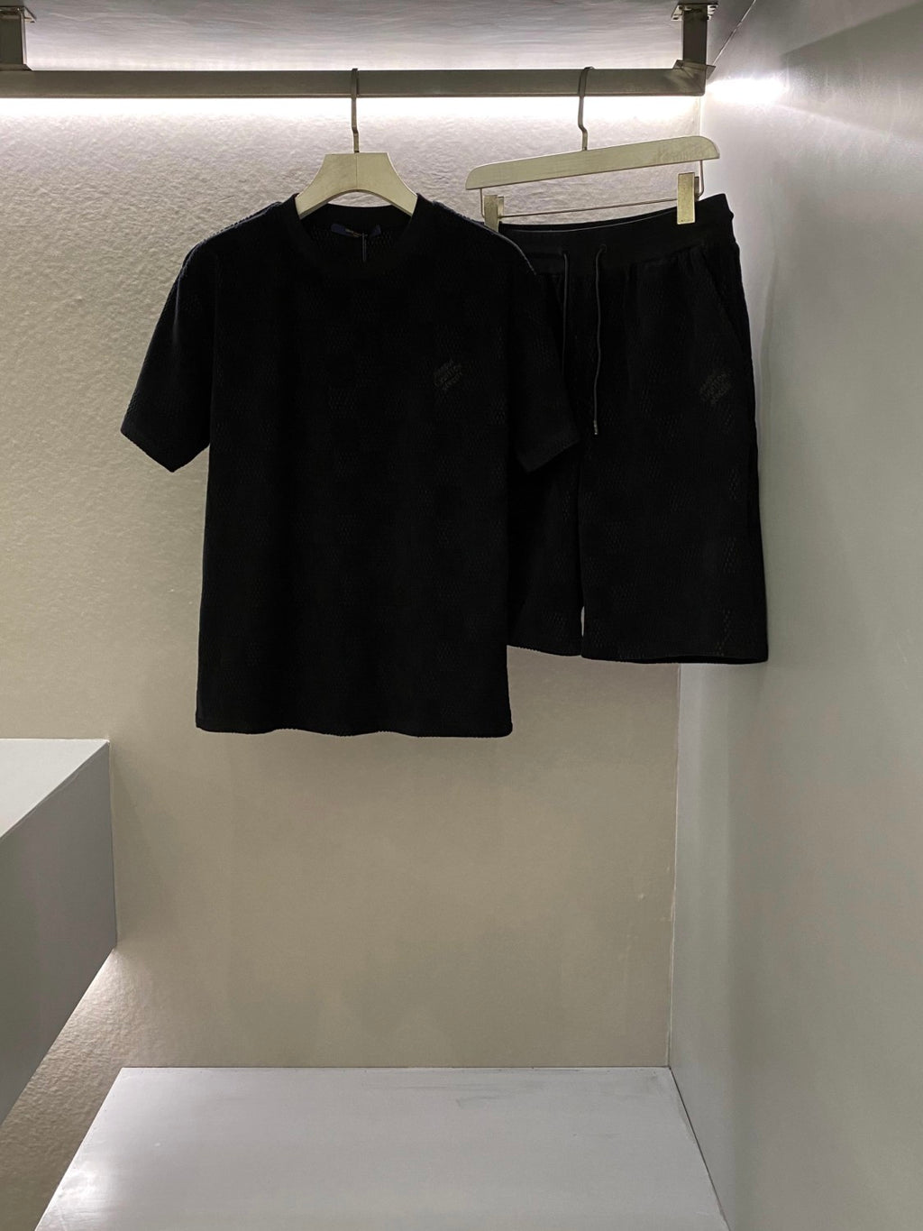 Louis Vuitton Men's Summer Black Embroidered Logo Printed Cotton Short Sleeve T-Shirt Casual Shorts Set Suit #72563