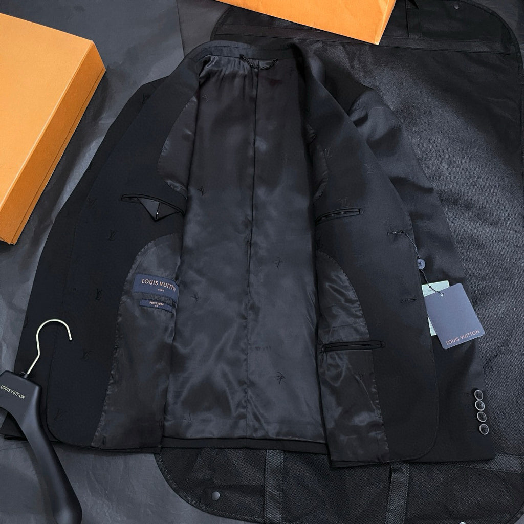 Louis Vuitton Men's Spring/Autumn Solid Colour Embroidered Hidden Pattern Printed V-Neck Single-Breasted Long-Sleeved Suit Jacket and Trousers Set Suit #77442
