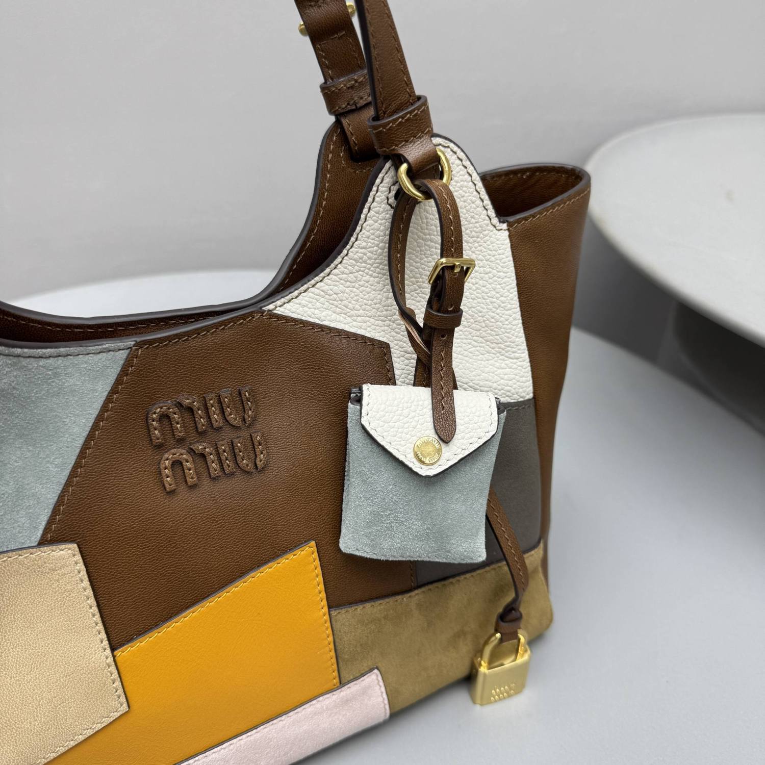 MiuMiu Patchwork Leather Bag Oak Brown Color Matching #333001