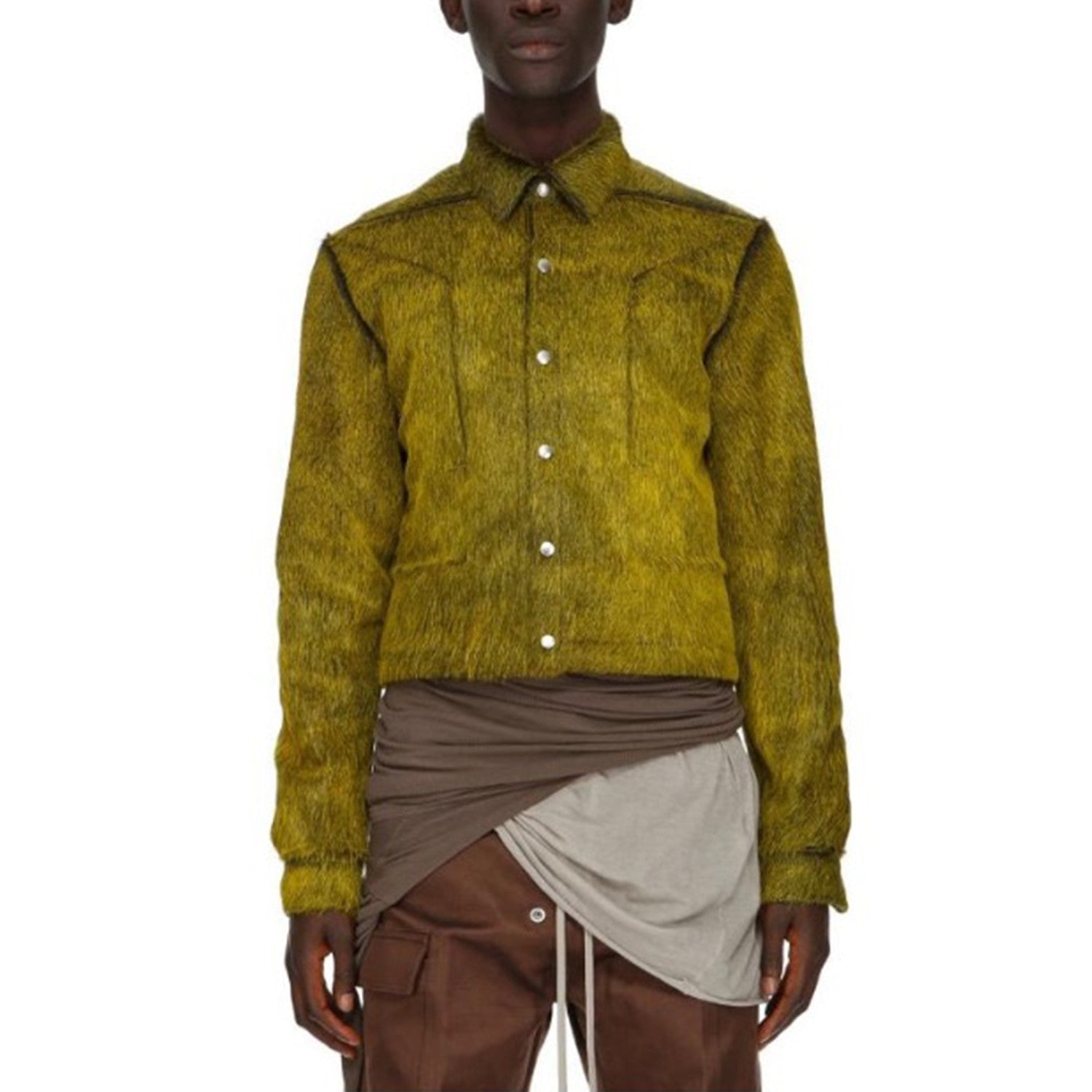 Rick Owens Men's spring and fall trend of high street retro yellow-green plush cowhide jacket lapel single-breasted casual jacket Ngvp #8247