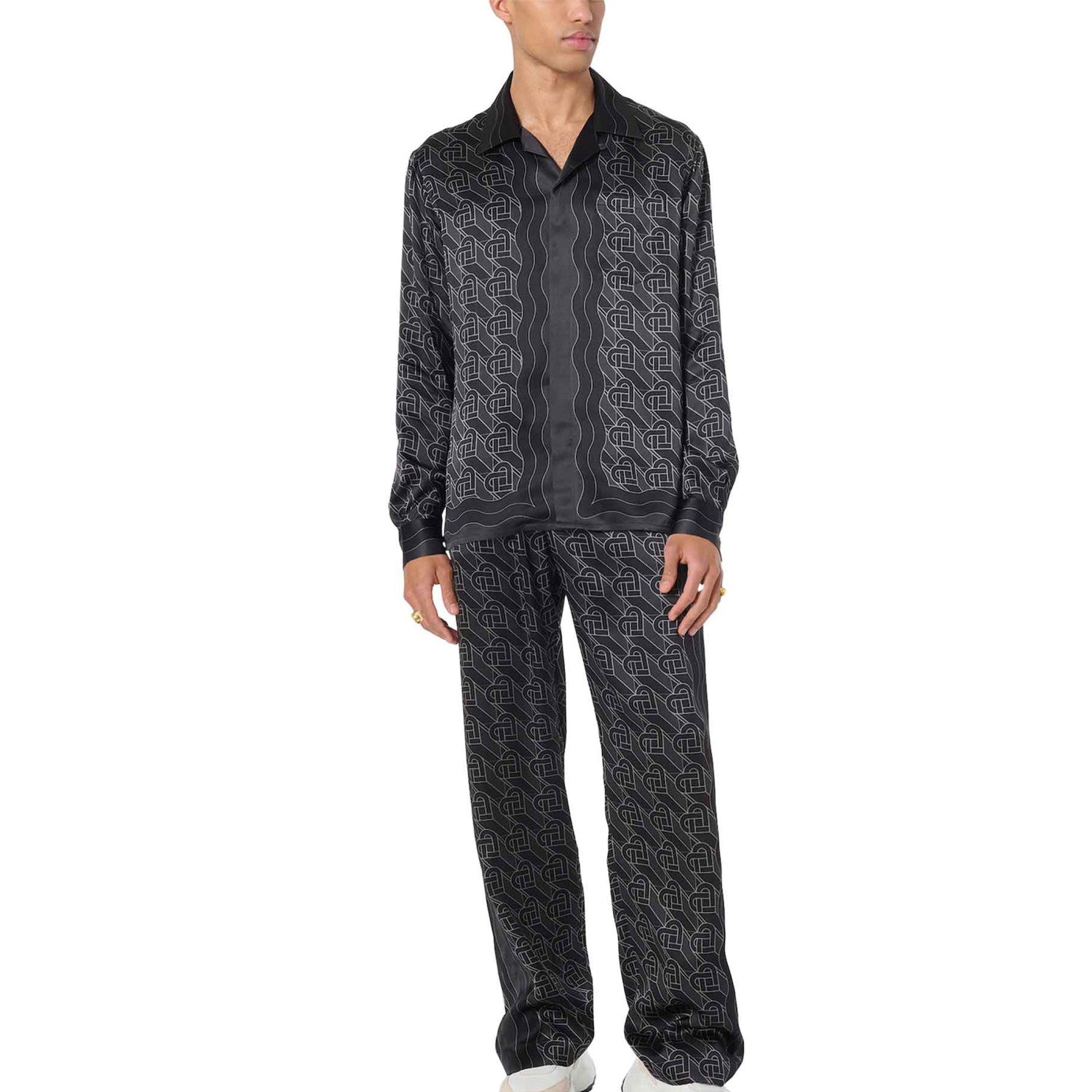 Casablanca Men's Spring And Fall Solid Color Heart Full Print Lapel Long-Sleeved Silk Loose Shirt Casual Elastic Waist Straight Pants Ngvp #8827