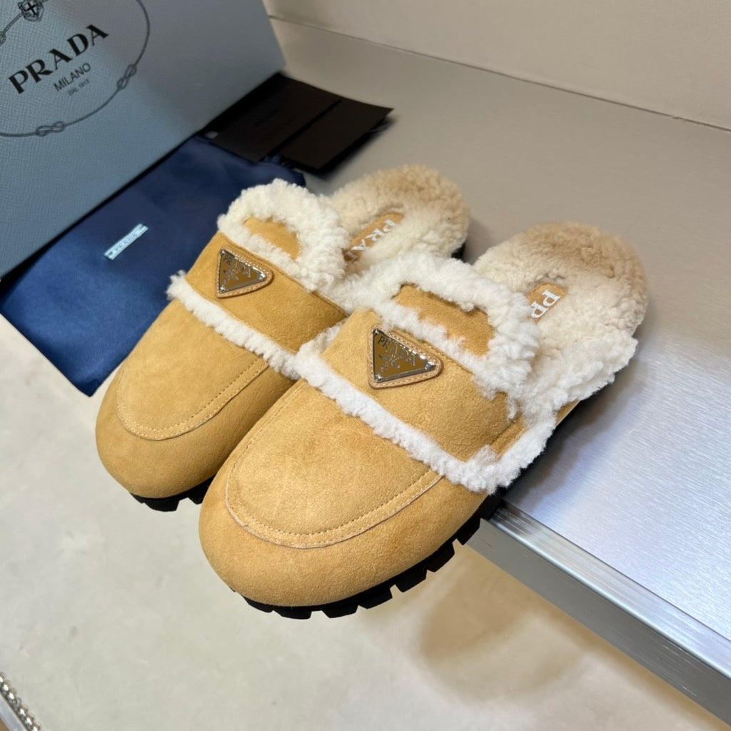 Prada Women's Fall/Winter Fashion Casual Round Toe Open Back Classic Logo Triangle Label Shearling Slippers Shoes #79521