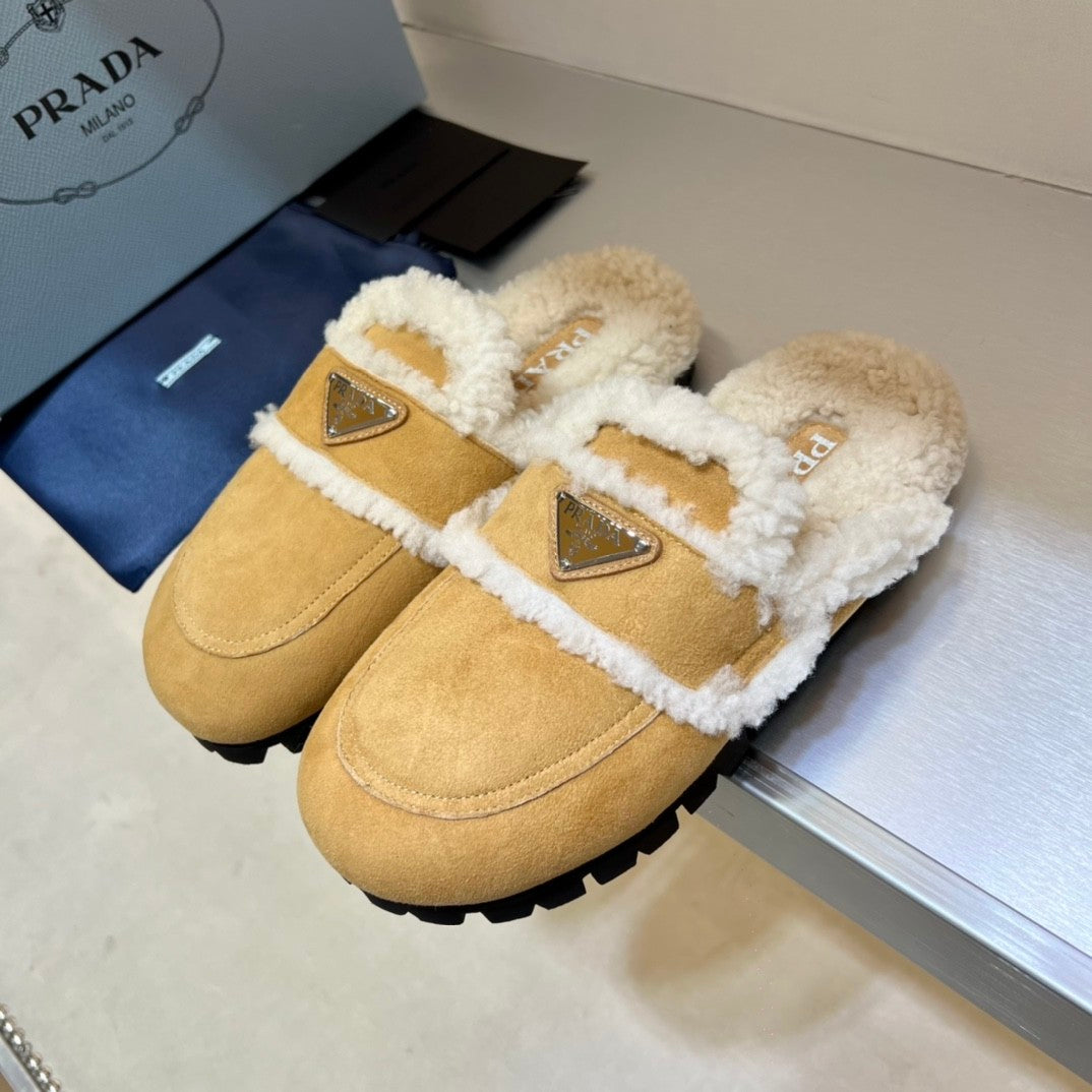Prada Women's Fall/Winter Fashion Casual Round Toe Open Back Classic Logo Triangle Label Shearling Slippers Shoes #79521
