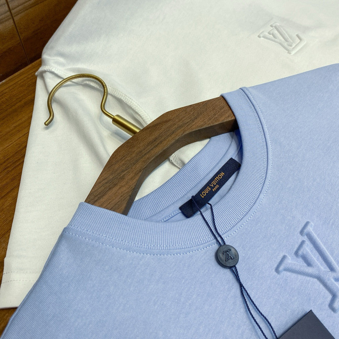Louis Vuitton Men's And Women's Blue Embossed Logo Loose Round Neck Short Sleeve T-shirt #98495