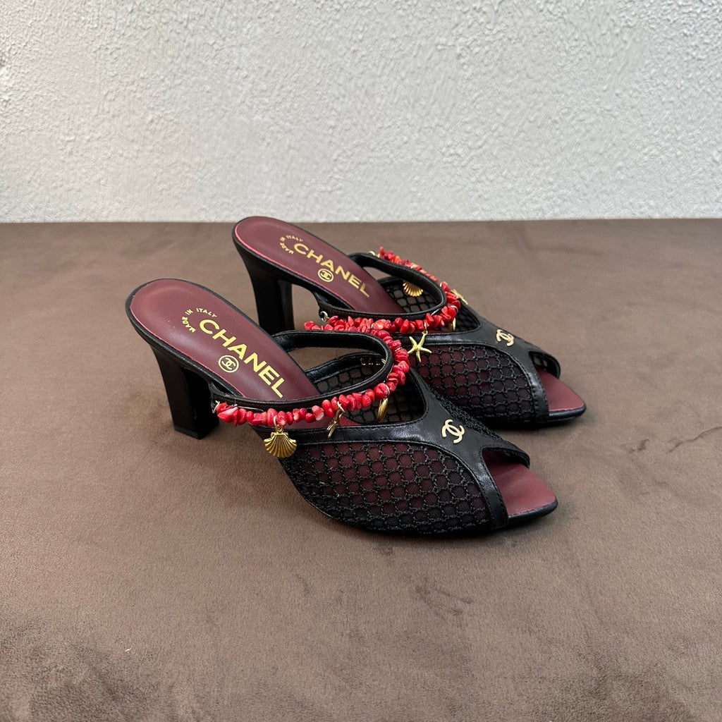 CHANEL Mules Mesh Cotton Lambskin Resin Metal Black #382390