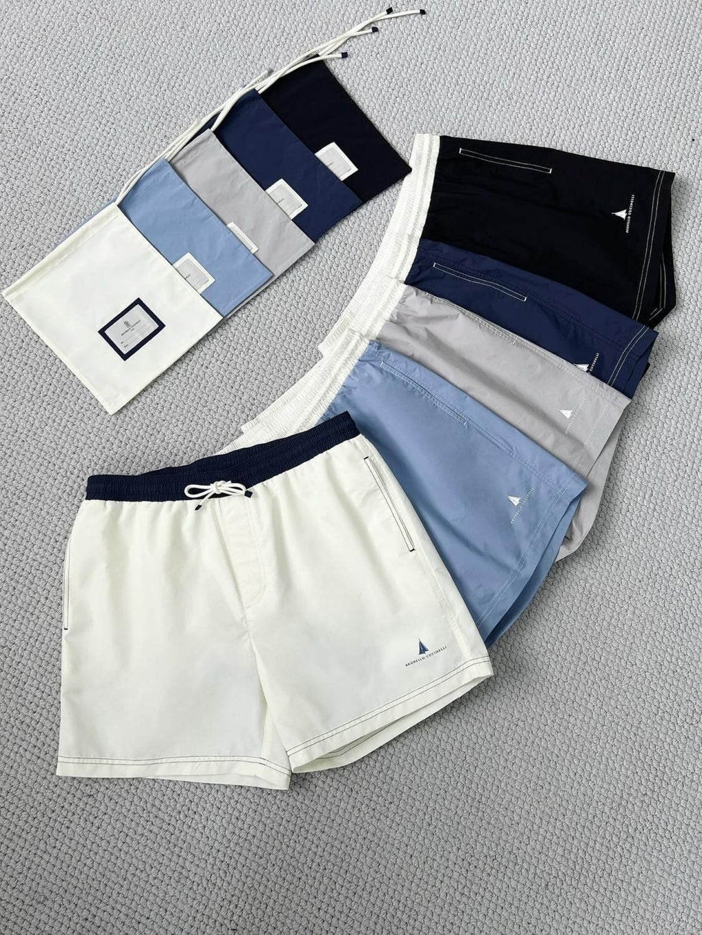 Brunello Cucinelli  Nylon Swim Shorts With Contrast Details And Print Men's Spring Summer Holiday Beach Shorts Colour Block Fashion Casual Pants #77277