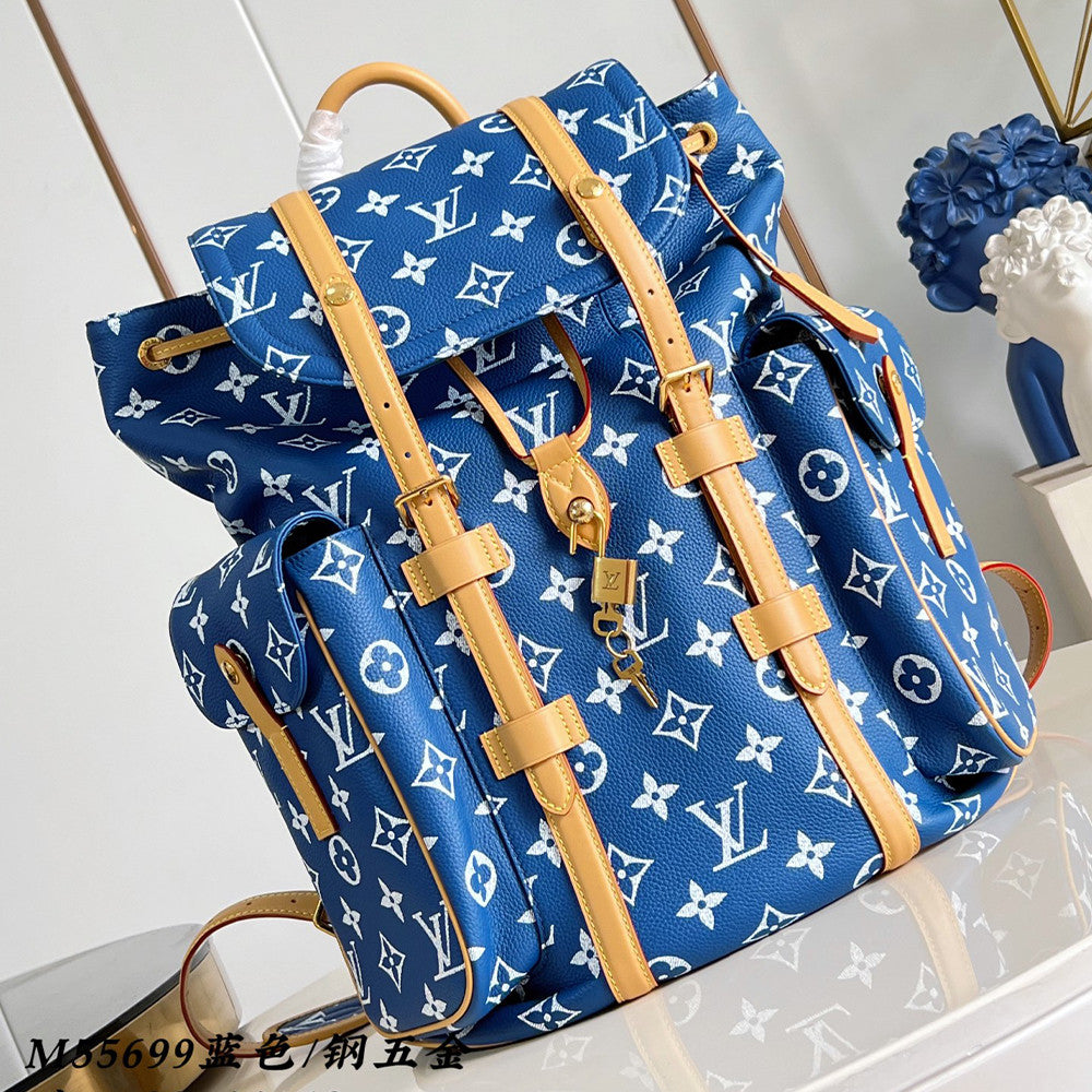 Louis Vuitton Christopher Monogram Taurillon Cow Leather Backpack Lv Men's Backpack With Floral Monogram In Blue Green And Yellow Bags #82792A